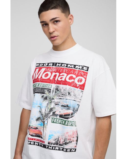 Camiseta Oversize Recta Blanca Con Cuello Extendido Y Estampado Gráfico De Monaco Magazine Boohoo de color White