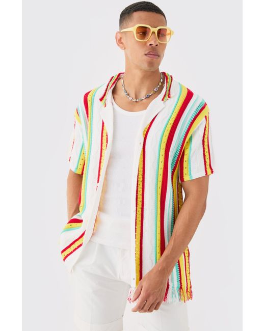 BoohooMAN Oversized Boxy Open Stitch 3d Knit Shirt In White for men