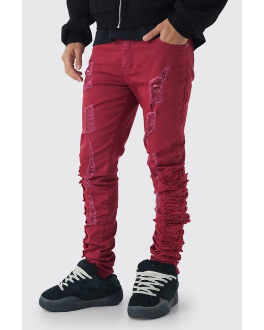 BoohooMAN Red Skinny Stretch Stacked Ripped Jeans for men