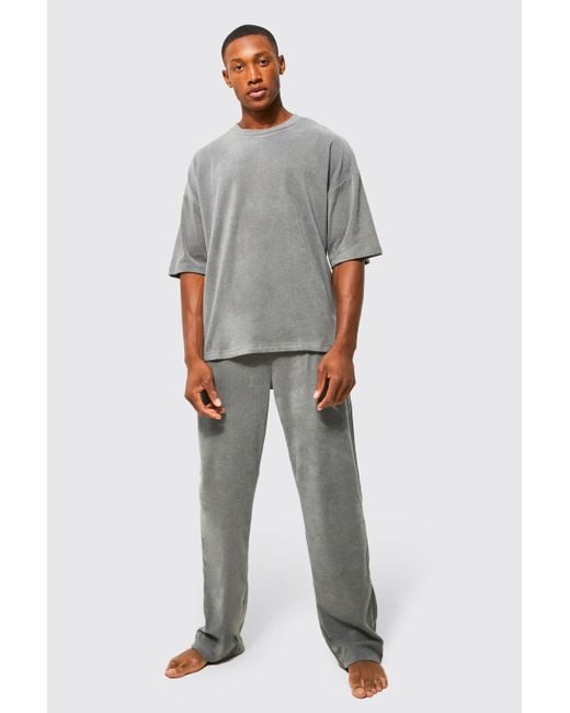 Boohooman Soft Plush Rib Oversized Tee And Jogger Set In Gray For Men