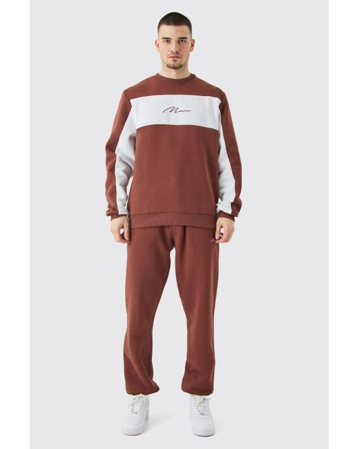 BoohooMAN Red Tall Colour Block Man Sweatshirt Tracksuit In Chocolate for men