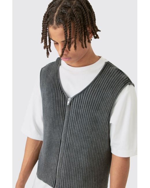 BoohooMAN Gray Boxy Acid Wash Ribbed Knit Gilet In Black for men