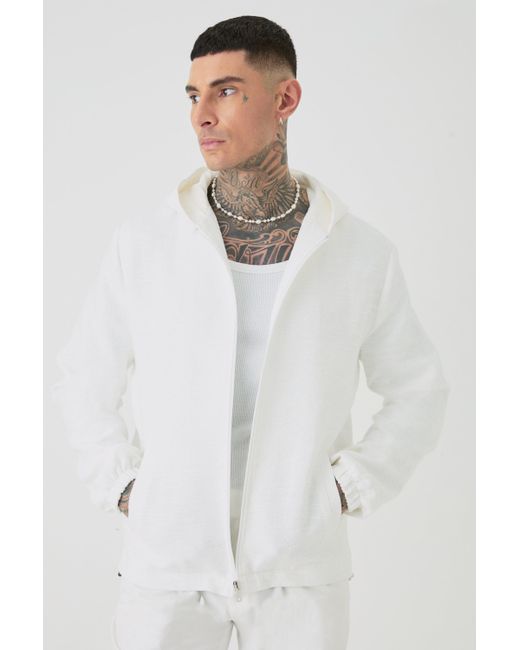 BoohooMAN White Tall Textured Cotton Jacquard Smart Hooded Jacket for men