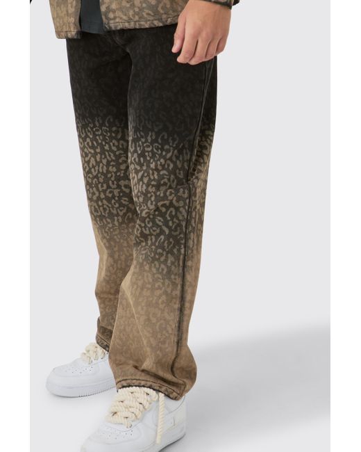 BoohooMAN Baggy Rigid Leopard Print Jeans In Tinted Black for men