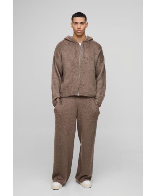 BoohooMAN Brown Oversized Boxy Fluffy Zip Through Knitted Hooded Tracksuit for men