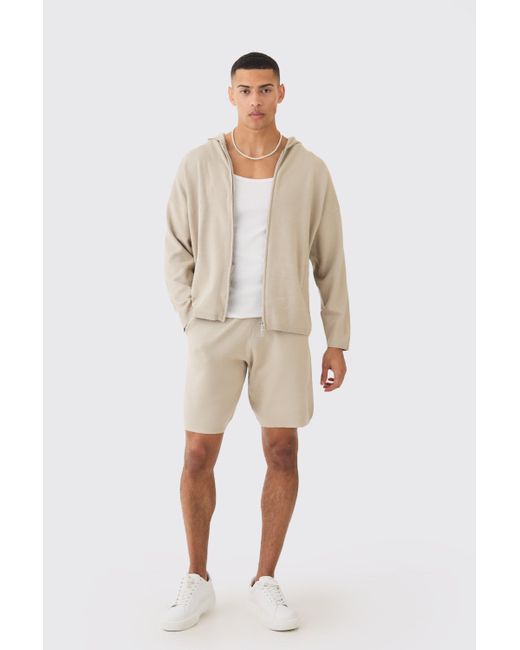 BoohooMAN Natural Knitted Zip Through Hooded Short Tracksuit for men