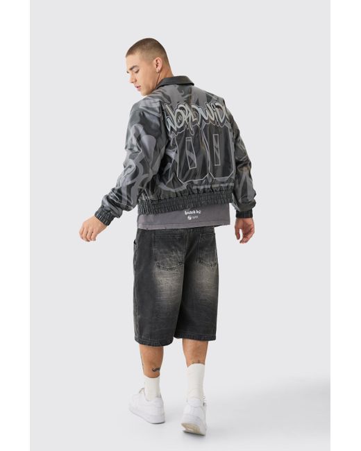 BoohooMAN Gray Boxy Bm Printed Collared Bomber Jacket In Black for men