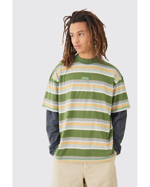 BoohooMAN Green Oversized Carded Heavy Striped Ofcl T-shirt for men