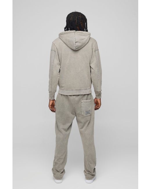 BoohooMAN Gray Regular Fit Washed Tear Away Carpenter Zip Hooded Tracksuit for men