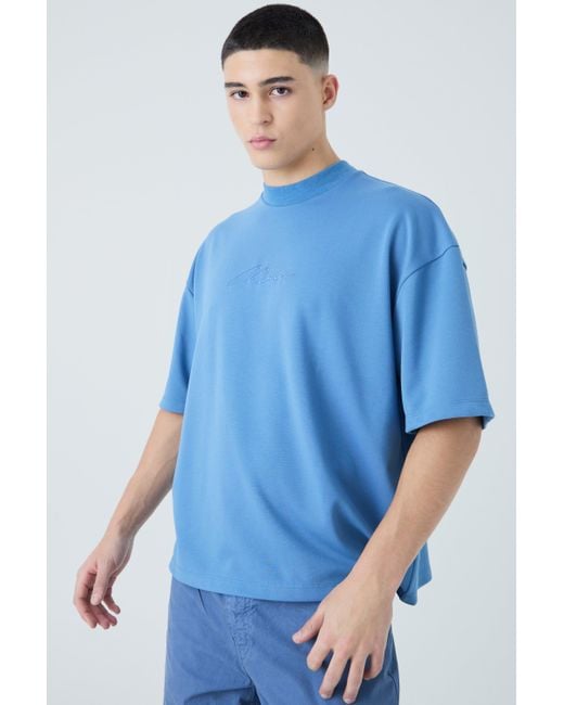 BoohooMAN Blue Oversized Boxy Premium Super Heavyweight Embroidered T-shirt for men