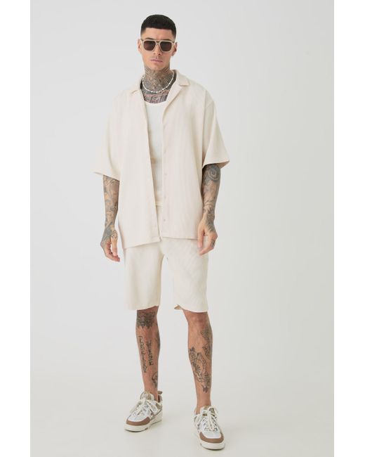 BoohooMAN Natural Tall Oversized Pleated Shirt & Short Set In Ecru for men