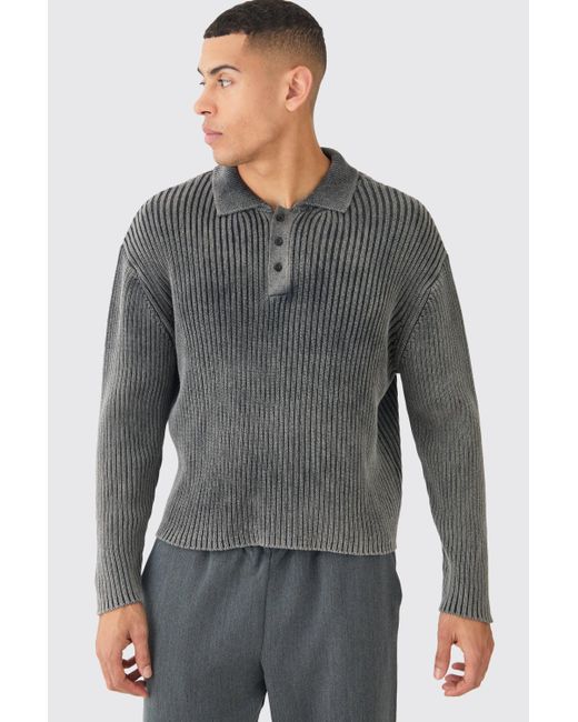 BoohooMAN Gray Oversized Boxy Acid Wash Ribbed Knit Polo In Black for men