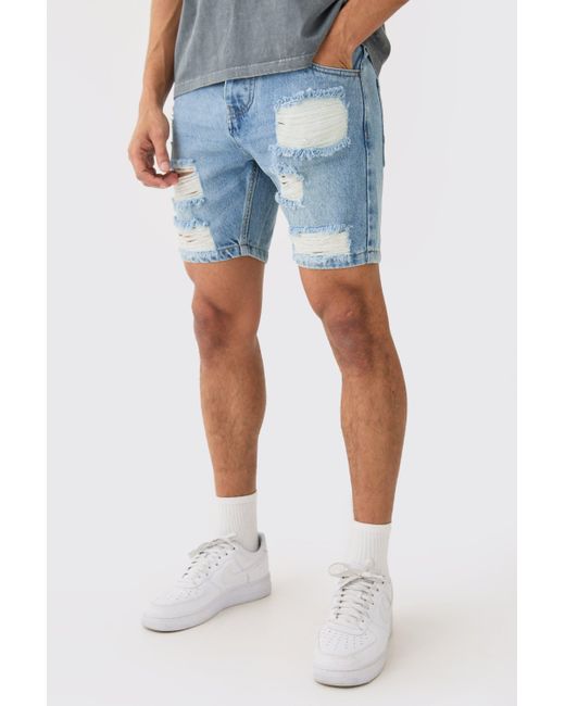 BoohooMAN Slim Fit Ripped Denim Shorts In Light Blue for men