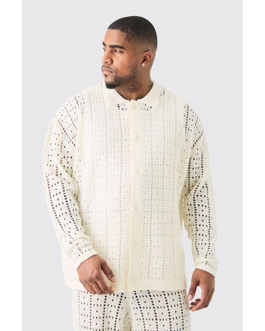 BoohooMAN Plus Oversized Long Sleeve Crochet Knit Shirt In White for men