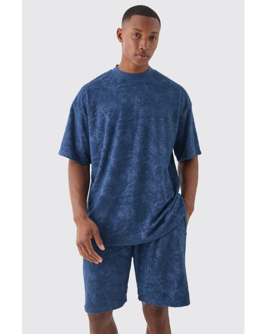 BoohooMAN Blue Oversized Burnout Towelling Jacquard T-shirt & Short Set for men