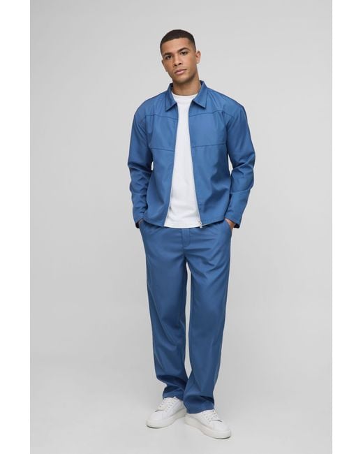 BoohooMAN Blue Regular Fit Zip Through Collared Jacket Set for men