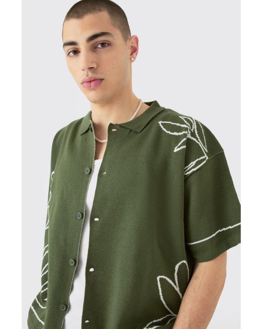 BoohooMAN Boxy Jacquard Knit Abstract Detail Shirt In Olive in Green für Herren