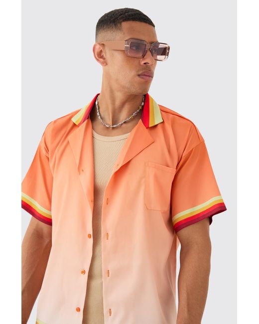 BoohooMAN Boxy Satin Ombre Short Sleeve Shirt & Short Set in Orange für Herren