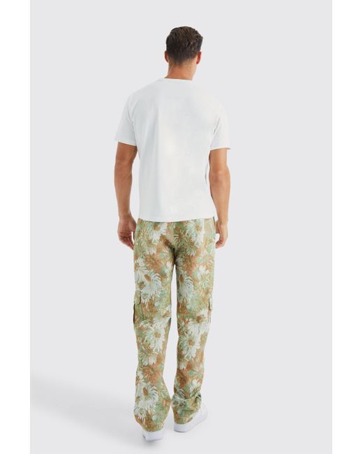 BoohooMAN Green Tall Fixed Waist Relaxed Floral Tapestry Popper Hem Trouser for men