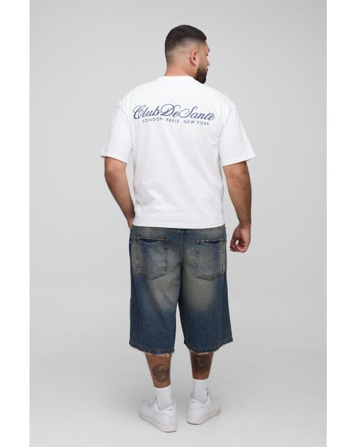 BoohooMAN Blue Plus Relaxed Longline Tinted Nibbled Pocket Denim Jorts for men