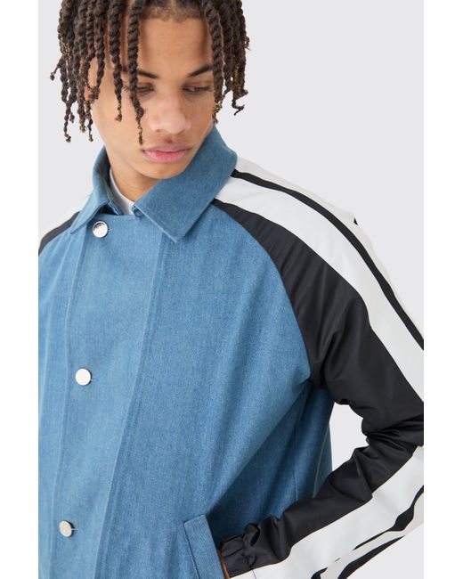 BoohooMAN Blue Denim And Nylon Hybrid Layered Boxy Jacket With Tape Detail for men