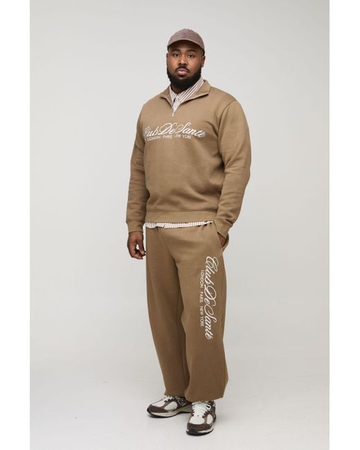 BoohooMAN Natural Plus Regular Fit Embroidered 1/4 Zip Tracksuit for men