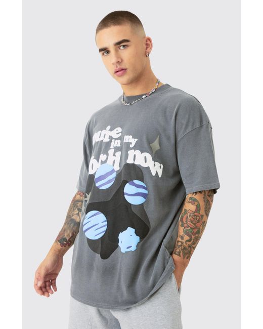 BoohooMAN Oversized Washed Space Puff Print T-shirt in Gray für Herren