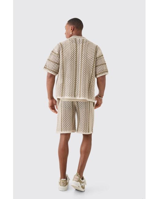 BoohooMAN Natural Boxy Oversized Open Stitch Stripe Knit Shirt for men