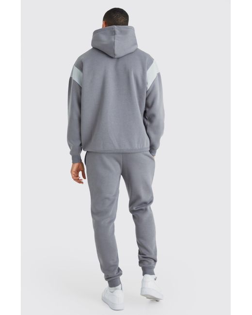 BoohooMAN Gray Oversized Man Colour Block Hooded Tracksuit for men
