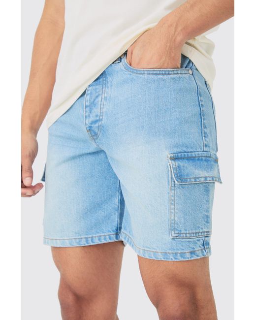 BoohooMAN Slim Rigid Cargo Denim Shorts In Light Blue for men