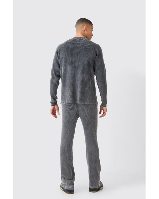 BoohooMAN Gray Regular Fit Acid Wash Ribbed Knitted Joggers for men