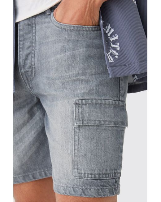 BoohooMAN Slim Rigid Cargo Denim Shorts In Grey in Blue für Herren