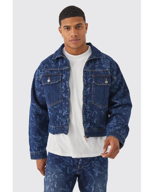 BoohooMAN Blue Boxy Fit Zip Through Laser Print Denim Jacket for men