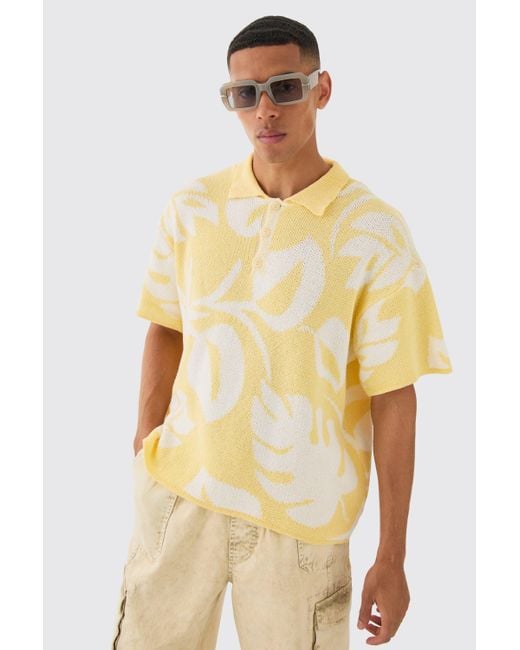BoohooMAN Yellow Oversized Boxy Tonal Jacquard Floral Knit Polo for men
