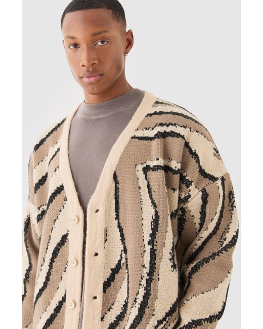 BoohooMAN Natural Boxy Oversized Brushed Abstract All Over Jacquard Cardigan for men