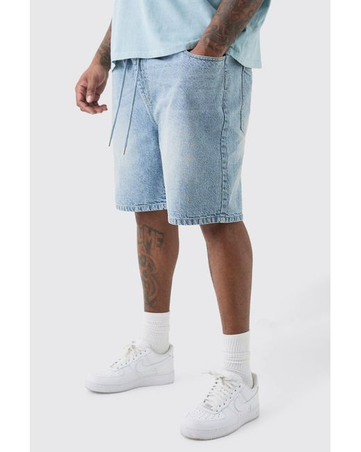 BoohooMAN Plus Elasticated Waist Relaxed Fit Denim Shorts In Light Blue for men