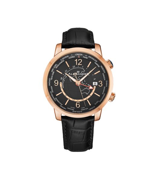 BoohooMAN Black Alexander Alexander A171a Journeyman 2 Luxury 42mm World Traveler Watch With Dark Blue Enamel Earth Pattern Crown for men