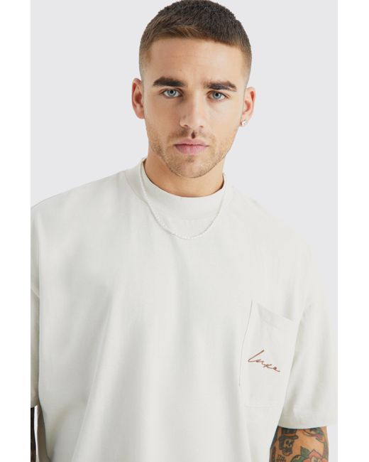 BoohooMAN Kastiges Oversize T-Shirt mit Luxe-Stickerei in White für Herren