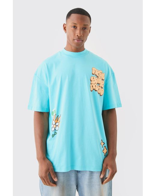 BoohooMAN Blue Oversized Flower Puff Print Distressed T-shirt for men