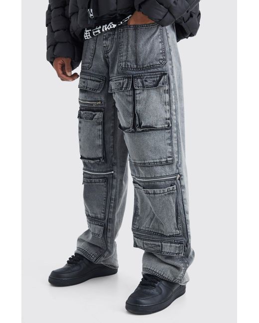 BoohooMAN Lockere Cargo-Jeans mit Taschen in Black für Herren