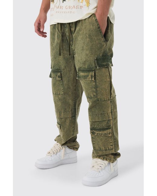 BoohooMAN Green Elasticated Skate Fit Oil Wash Ripstop Cargo Pants for men