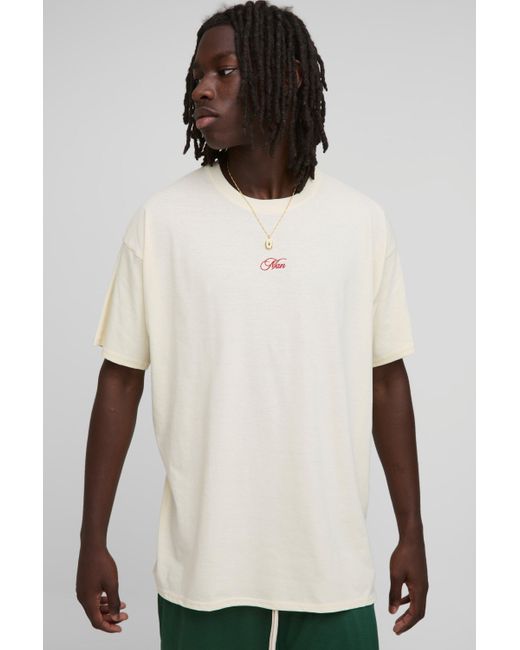 BoohooMAN Oversize T-Shirt in Ecru-Stickerei mit Man-Print in White für Herren