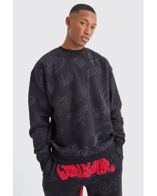 BoohooMAN Oversize Sweatshirt mit Graffiti-Applikation in Red für Herren