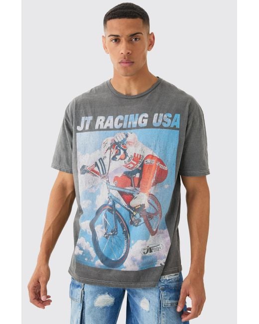 BoohooMAN Blue Oversized Jt Racing Wash License T-shirt for men