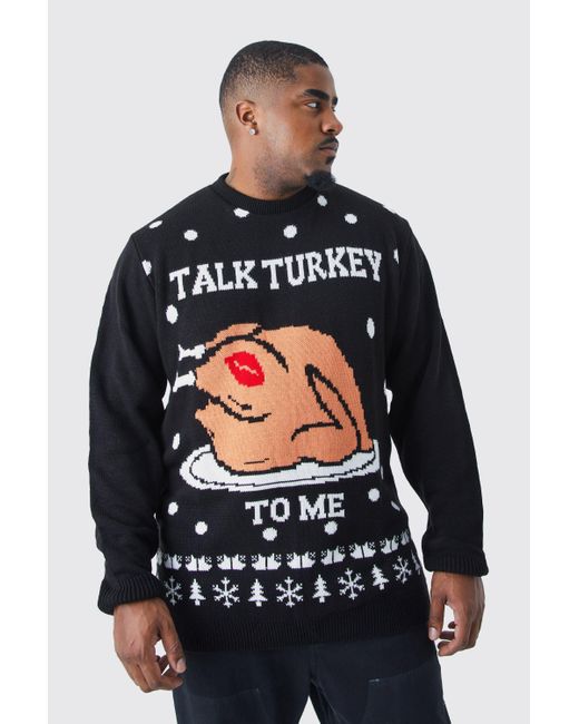 BoohooMAN Black Plus Talk Turkey To Me Christmas Jumper for men