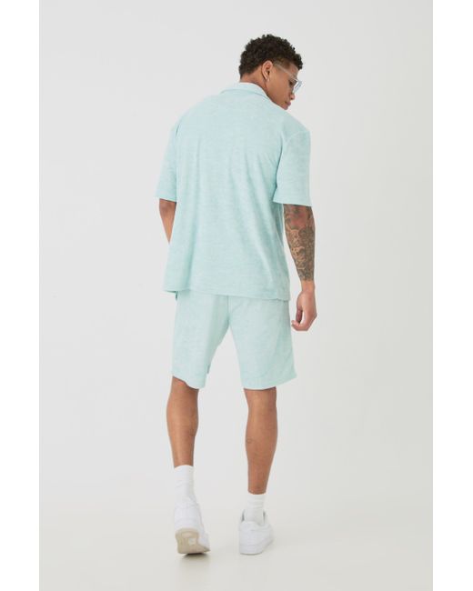 BoohooMAN Blue Drop Revere Towelling Embroidered Shirt And Short Set for men
