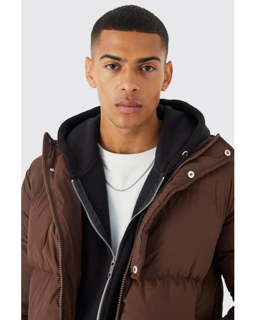 BoohooMAN Brown Boxy Hooded Puffer With Half Placket for men