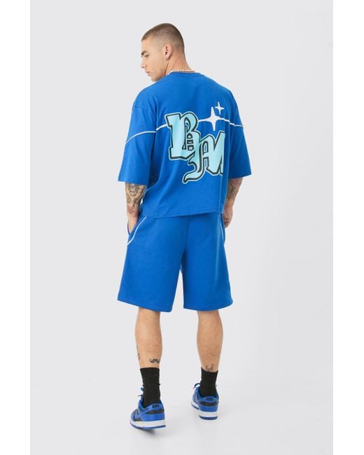 BoohooMAN Blue Oversized Boxy Half Sleeve Ptint T-shirt & Short Set for men