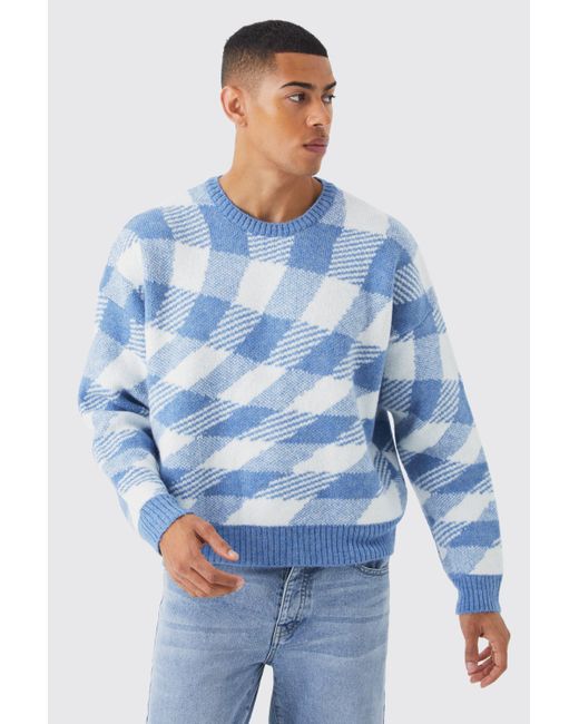 BoohooMAN Blue Oversized Boxy Brushed Checked Knit Jumper for men