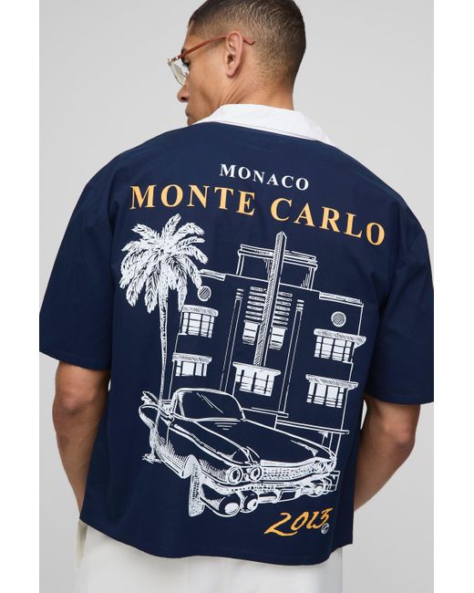 BoohooMAN Blue Oversized Boxy Monte Carlo Print Shirt for men